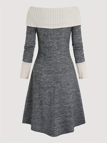 Women's Colorblock Lace Up Off Shoulder Dress, Casual Grommet Eyelet Long Sleeve A Line Dress for Fall & Winter, Women's Clothing for Daily Wear