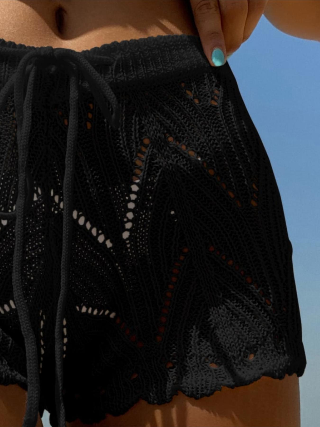 Women's Y2K Style Short Pants, Elegant Outdoor Knit Shorts, Semi-Transparent Hollow Out Design, Beach Vacation Ready, Adjustable Drawstring