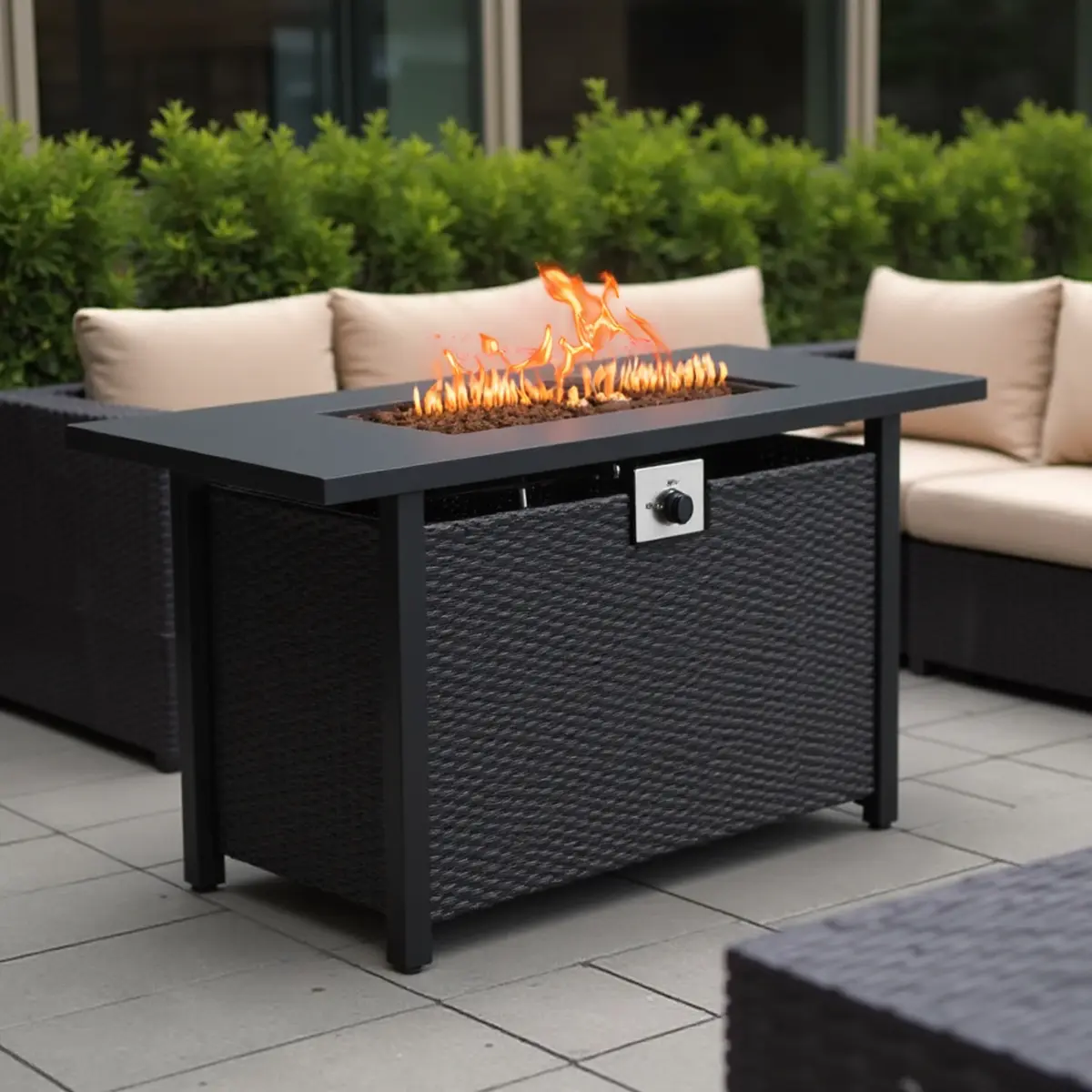 43" Propane Fire Pit Table, 50,000 BTU Rectangular Outdoor Gas Fireplace with 20 LB Tank Storage & Adjustable Flame, Wicker Base Fire Table for Patio Backyard Deck, Black