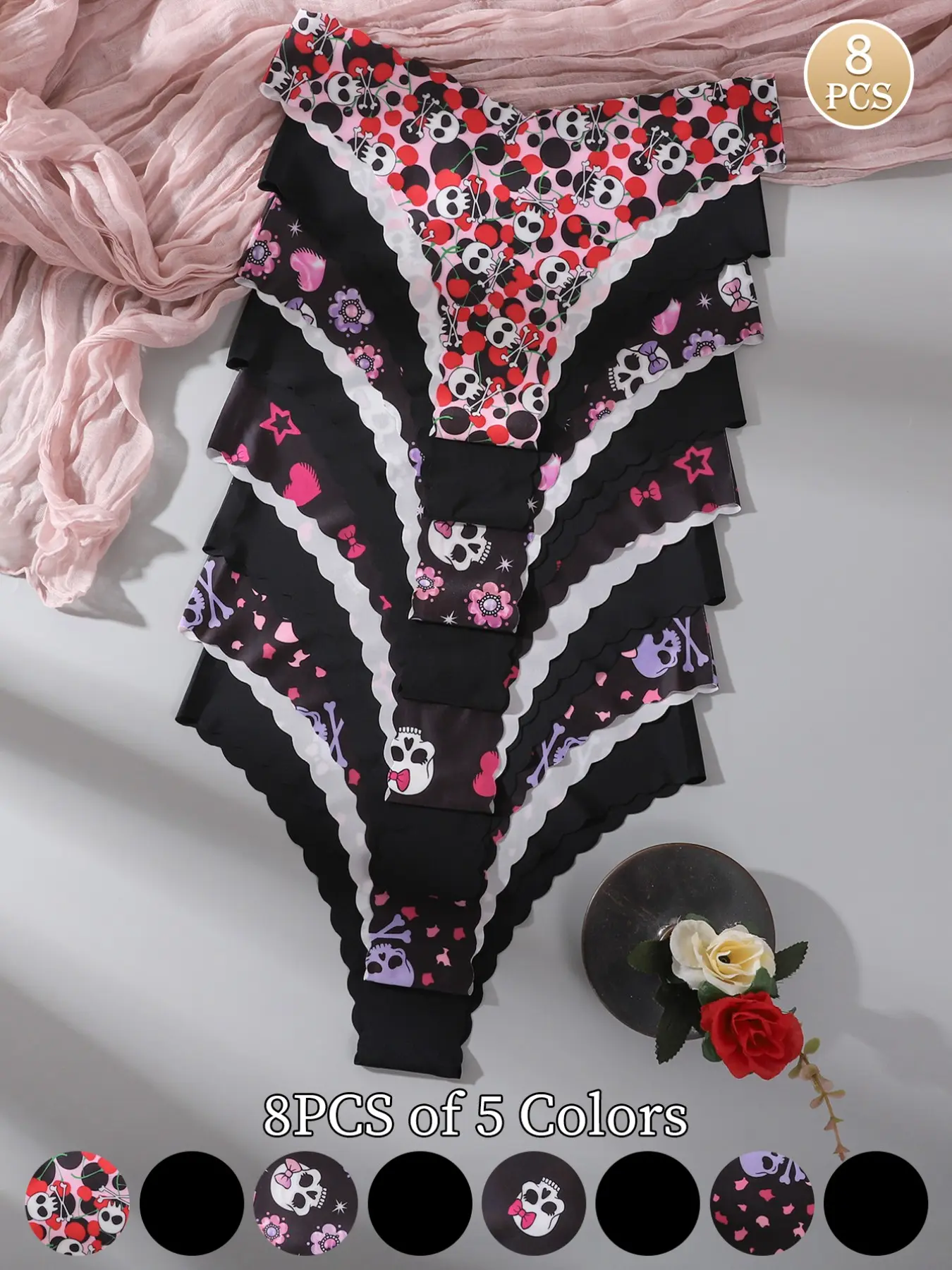 8 Pcs Invisible Low Waist Thong Underwear Set, Skull Heart Star Floral Print, Laser Cut Yoga Pants for Women