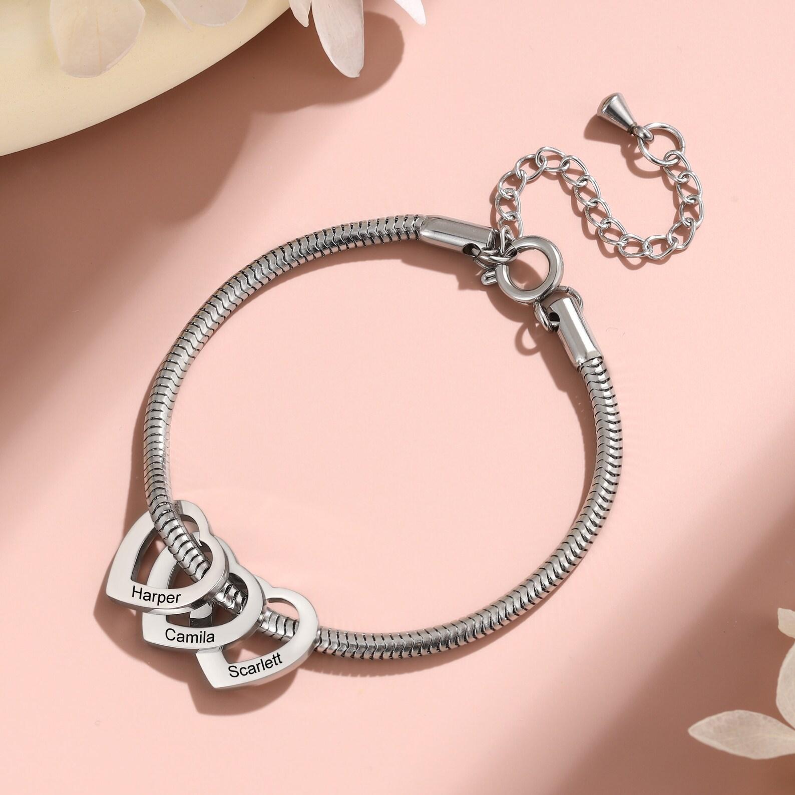 AS976 Personalized Mom Bracelet with Kids Names, Custom Heart Charm Bracelet, Engraved Name Jewelry,  Gift for Mom Grandma