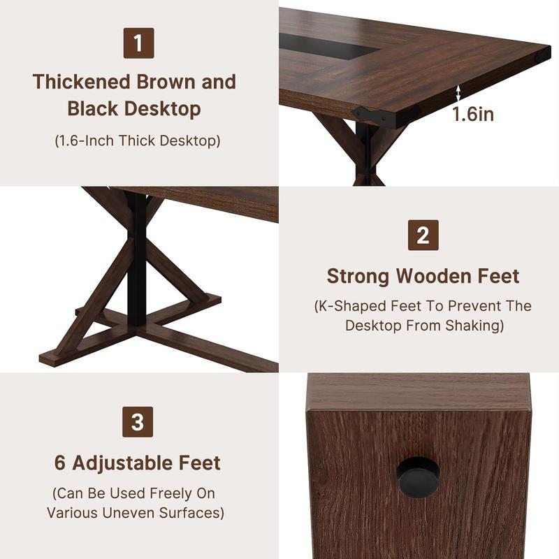 71inch/78inch/94inch Farmhouse Dining Table for 5 6 8 10 People,Rectangular Kitchen Table W/Thickness Waterproof Wood Grain Tabletop,6FT Large Rustic Dinner Table W/Adjustable Leg for Dining Living Room(Brown&black/Brown/Oak)