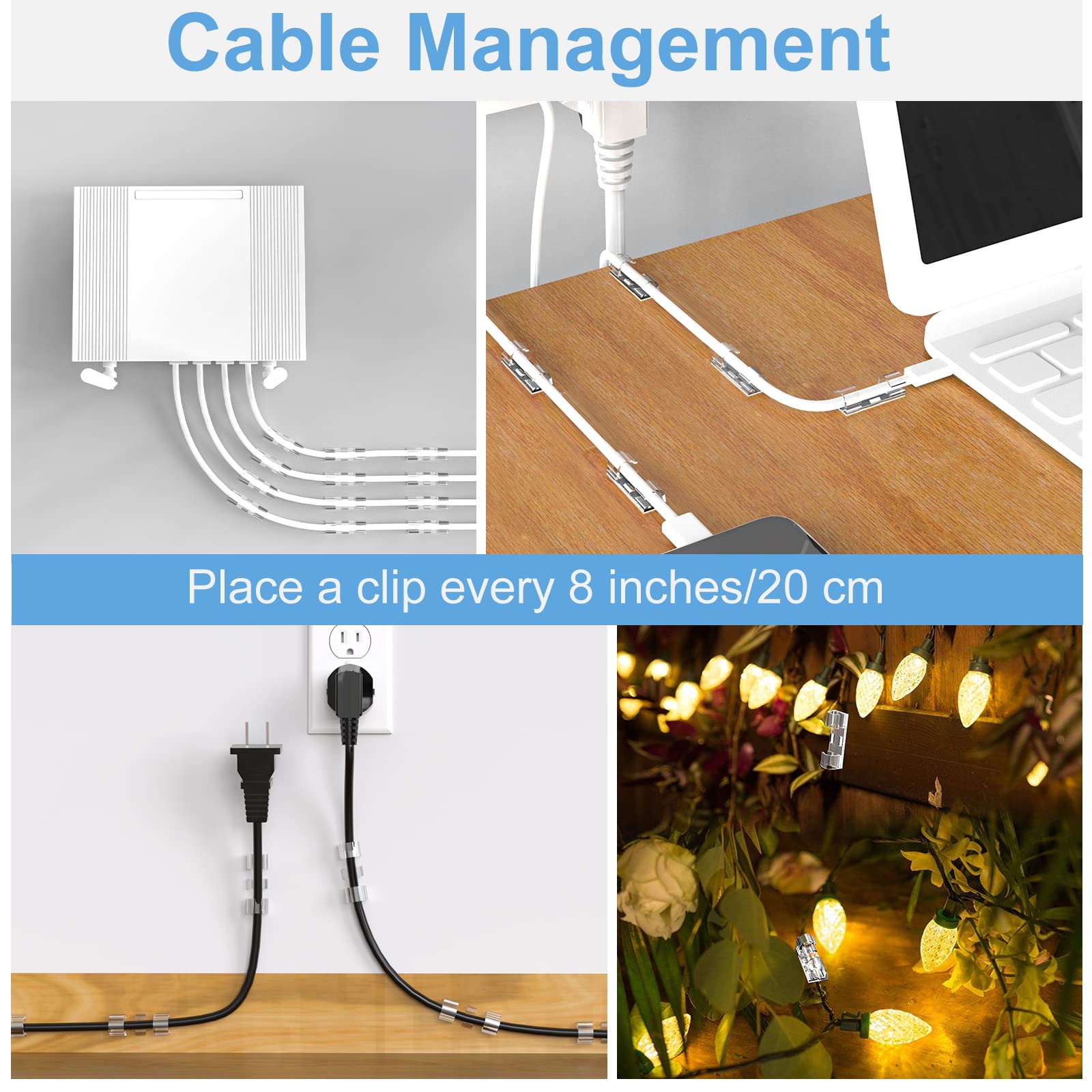 Upgraded Wall Wire Holder, Clear Adhesive Wire Clips (20 Pieces), Under Desk, In Car, Under Computer, Christmas Lights Indoor/Outdoor Strong Wire Organizer