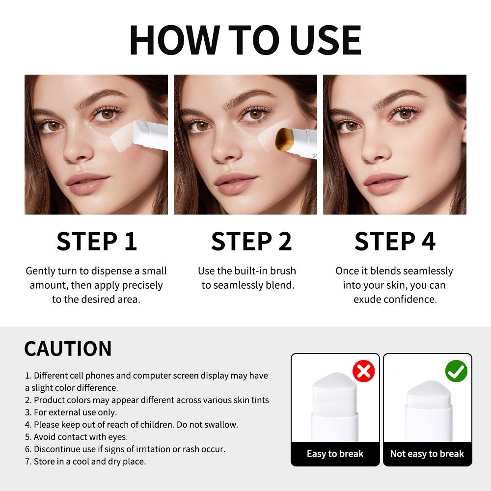 Lakerain Blanc Color-Changing Tinted Foundation Stick, Dual-Ended Base Makeup Stick with Brush, Waterproof & Sweatproof, Buildable Coverage (Medium to Full), 5 Shades for All Skin Tones