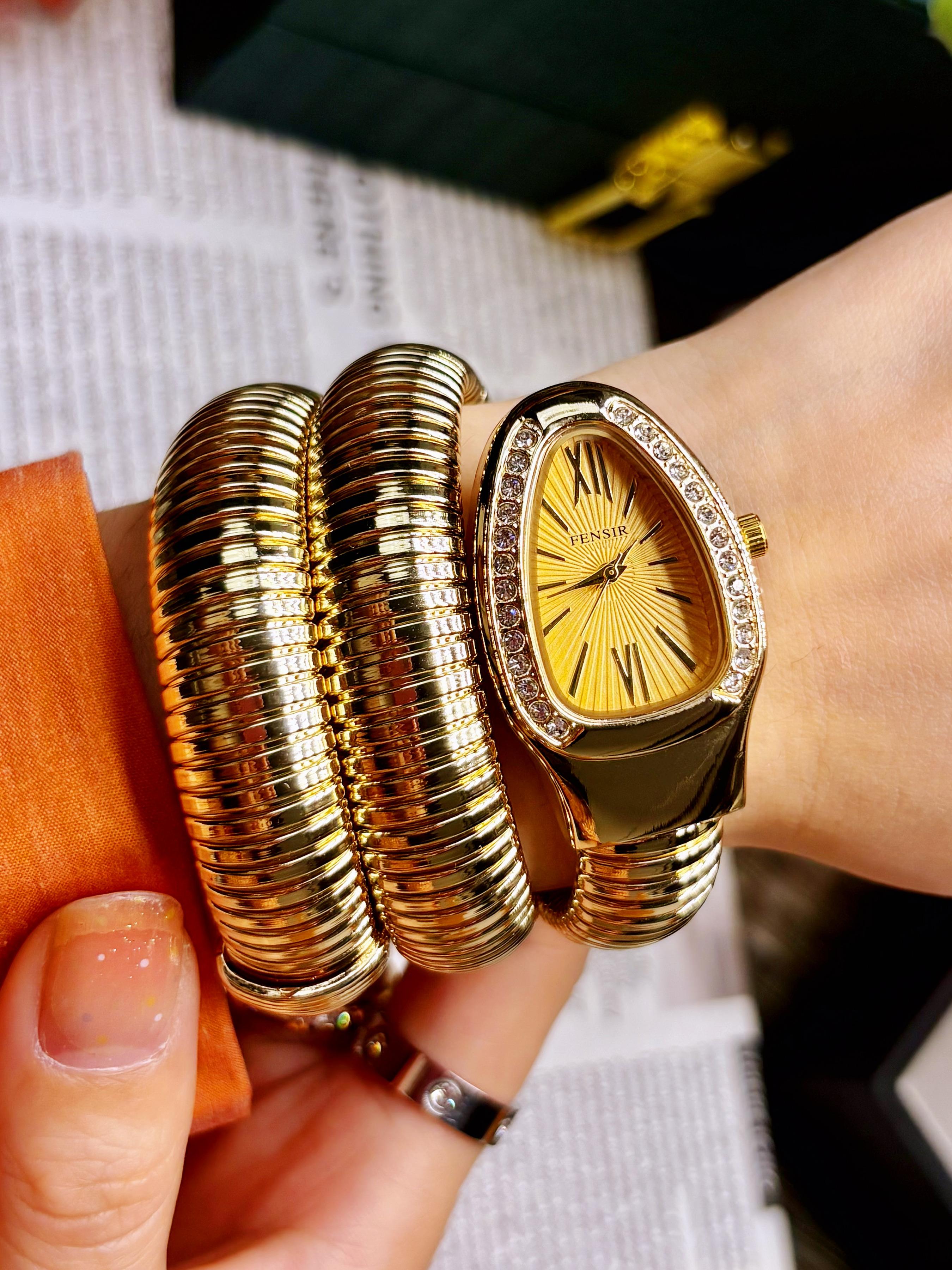 French Vintage Snake Bracelet Watch, Full Diamond Bezel, Roman Numerals Dial, Elastic Steel Band, Elegant Daily Wear, Business & Date Watch