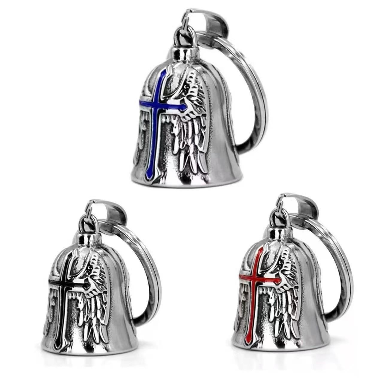 Punk Retro Men's Motorcycle Style Angel Necklace, Bell Drop Cross Pendant, Feather Wings Design, Vintage Fashion Jewelry