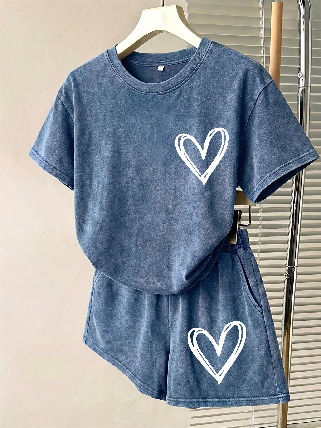 2-Piece Line Heart Print Distressed Wash Set, Heavyweight Fabric, Short Sleeve Round Neck Top and Elastic Drawstring Shorts, Basic and Versatile Outfit, Casual Summer Look