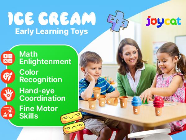 JoyCat Ice Cream Preschool Learning Activities Counting and Color Sorting Set Stacking Toys, Montessori Stacking Fine Motor Skills Toys