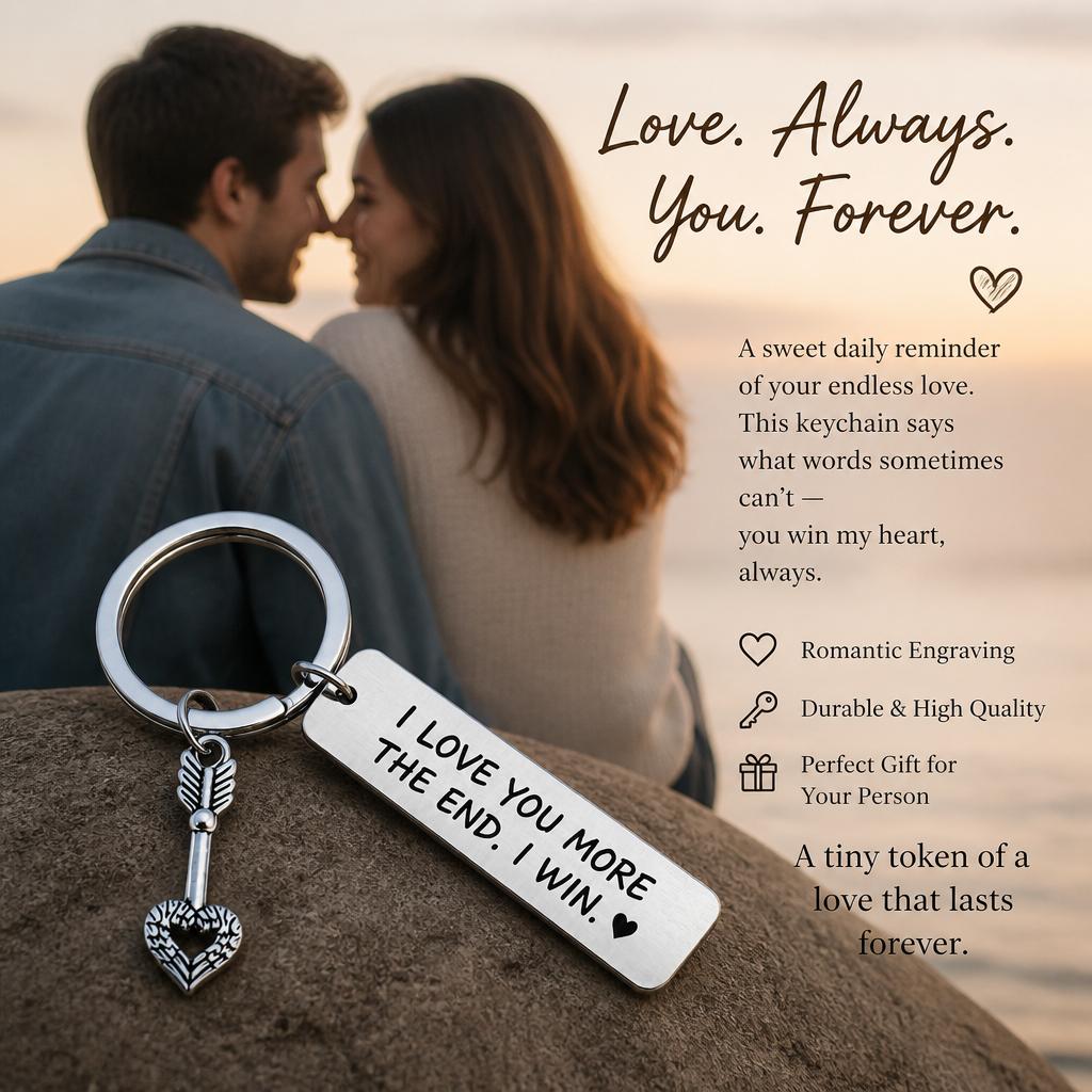 HOLDNEAR Unisex Stainless Steel Anti-Tarnish Jewelry, "I Love You More" Funny Engraved Heart-Arrow Charm Keychain, Sentimental Valentine's Day Boyfriend Gift