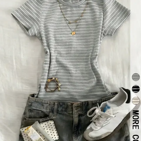 Women's Casual Everyday Striped Round Neck Short Sleeve Top, Slim Fit Basic Tee, Versatile Wear, Comfortable Summer Shirt
