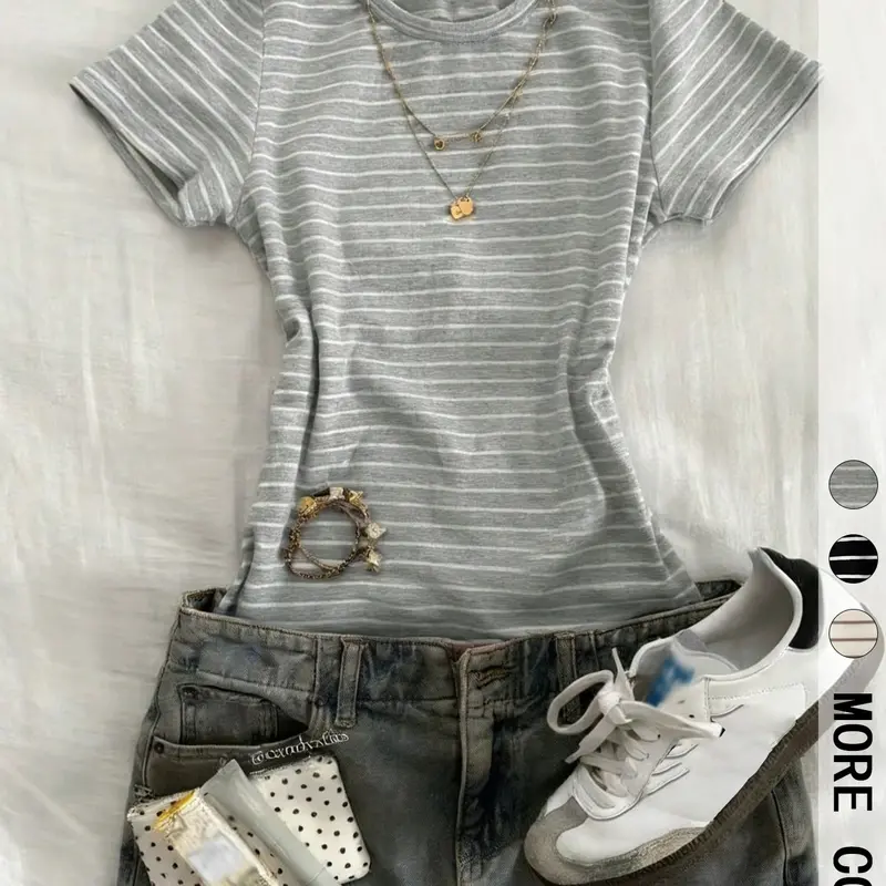 Women's Casual Everyday Striped Round Neck Short Sleeve Top, Slim Fit Basic Tee, Versatile Wear, Comfortable Summer Shirt