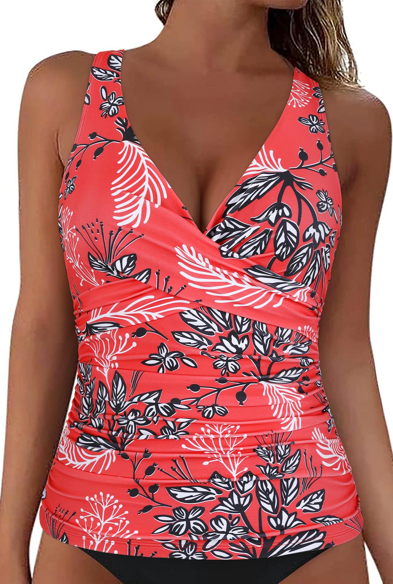 Hilor Women's Underwire Tankini Top Tummy Control Bathing Suits Sexy V Neck Crossover Swim Top Only