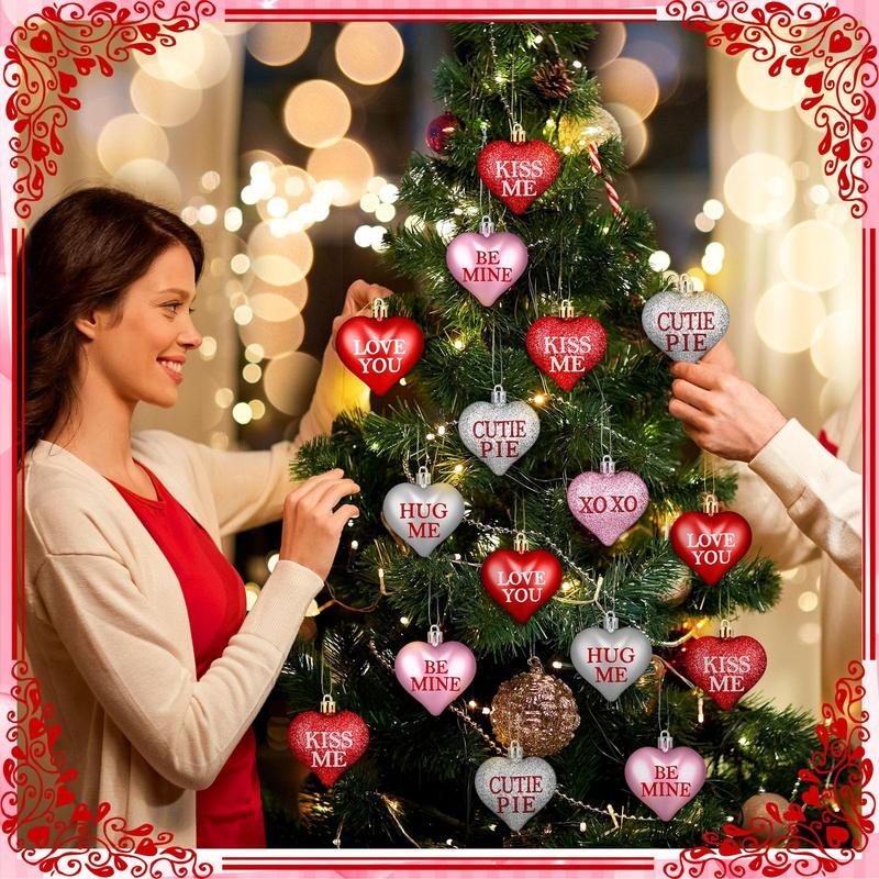 60 Pcs Valentine's Day Heart Shaped Hanging Ornaments with Love Letter for Valentines Tree Birch Tree, Red Pink Silver Glitter Heart Baubles Romantic Atmosphere Valentines Decor for Tabletop Bedside Bedrooms Room Mantle Birthday Wedding Party Home Decor