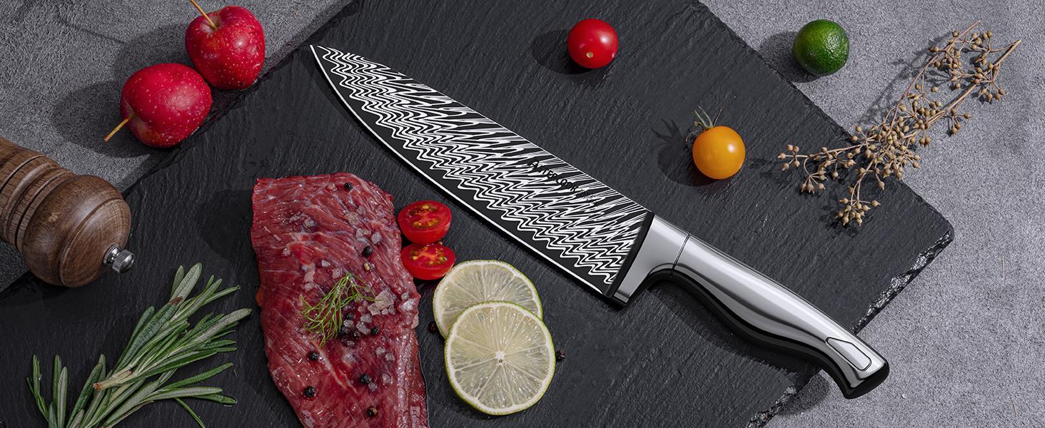 Astercook Knife Set, 14 Pieces Kitchen Knife Block Set with Built in Knife Sharpener Block, Dishwasher Safe, German Stainless Steel, Best Gift, Silver Wood Steak Wooden