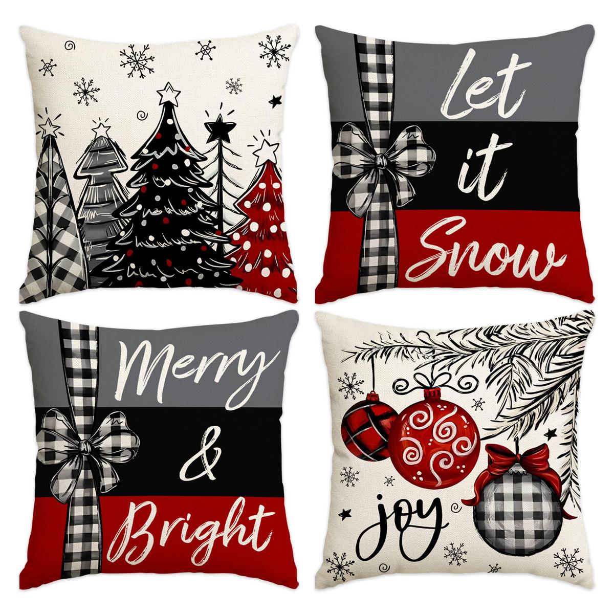4pcs Christmas Pillow Covers Set, Tree Santa Snowflake Reindeer Prints, Winter Holiday Home Decor Cushion Cases for Bedroom Sofa Car Decoration, Halloween