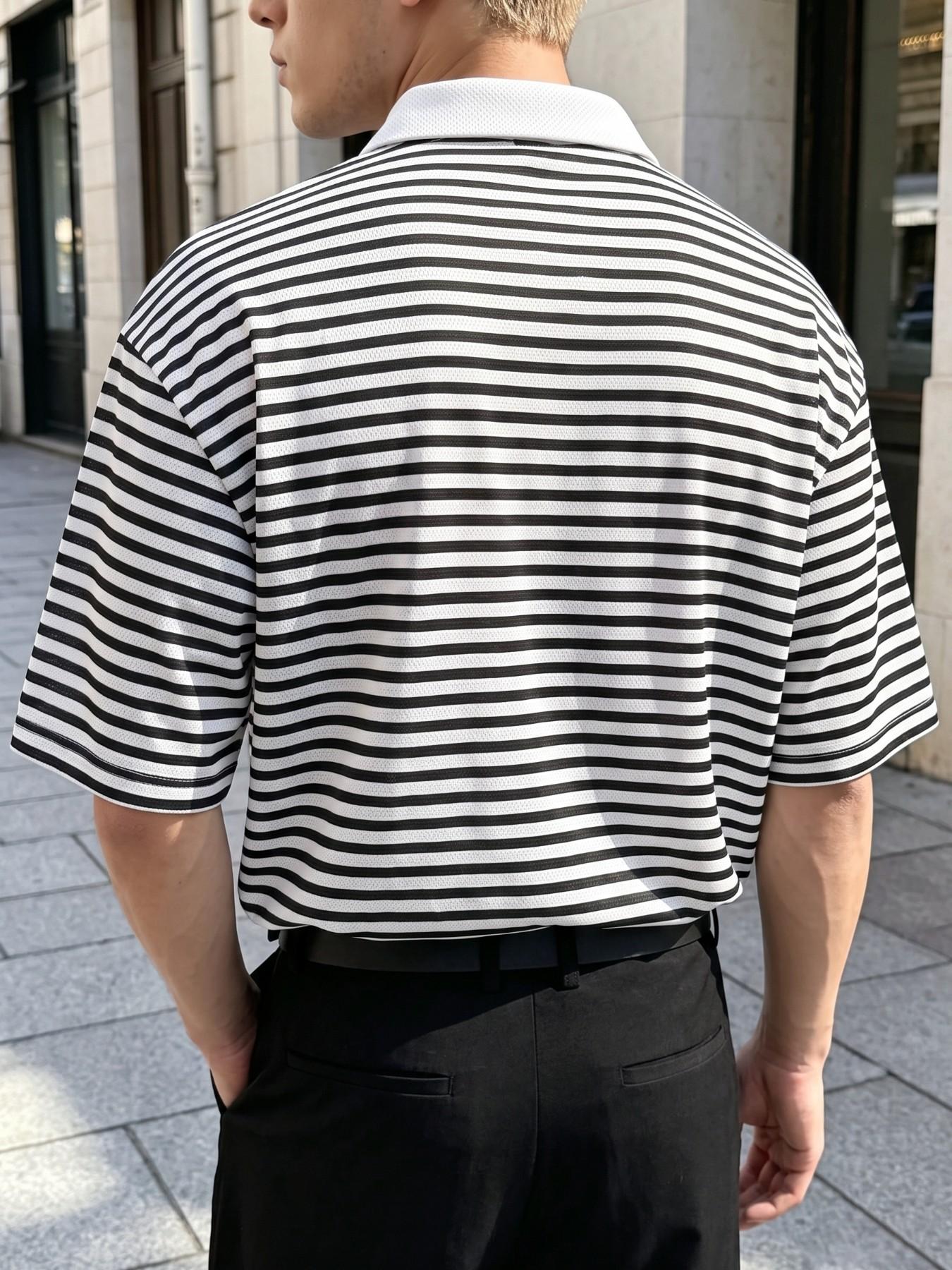 Men's and Striped Short Sleeve Polo Shirt, Contrast Collar Button Down Casual Top, Loose-Fitting Unlined Design