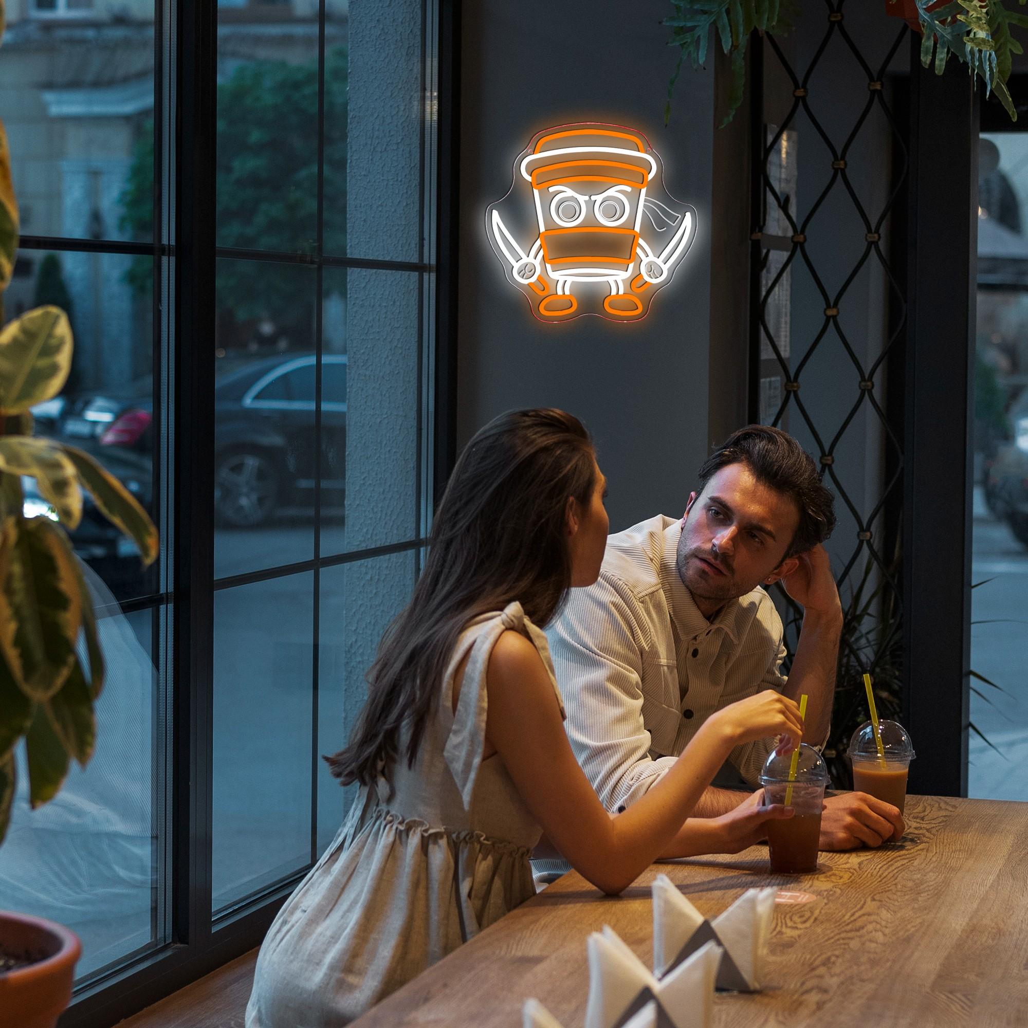 Italian Cappuccino and Assassin Neon Sign, Dimmable, Fun Cappuccino Killer Neon Sign, Ninja Coffee Cup Wall Decor, Suitable for Bedroom, Club, Cafe, Bar, Interior Decoration, Gift