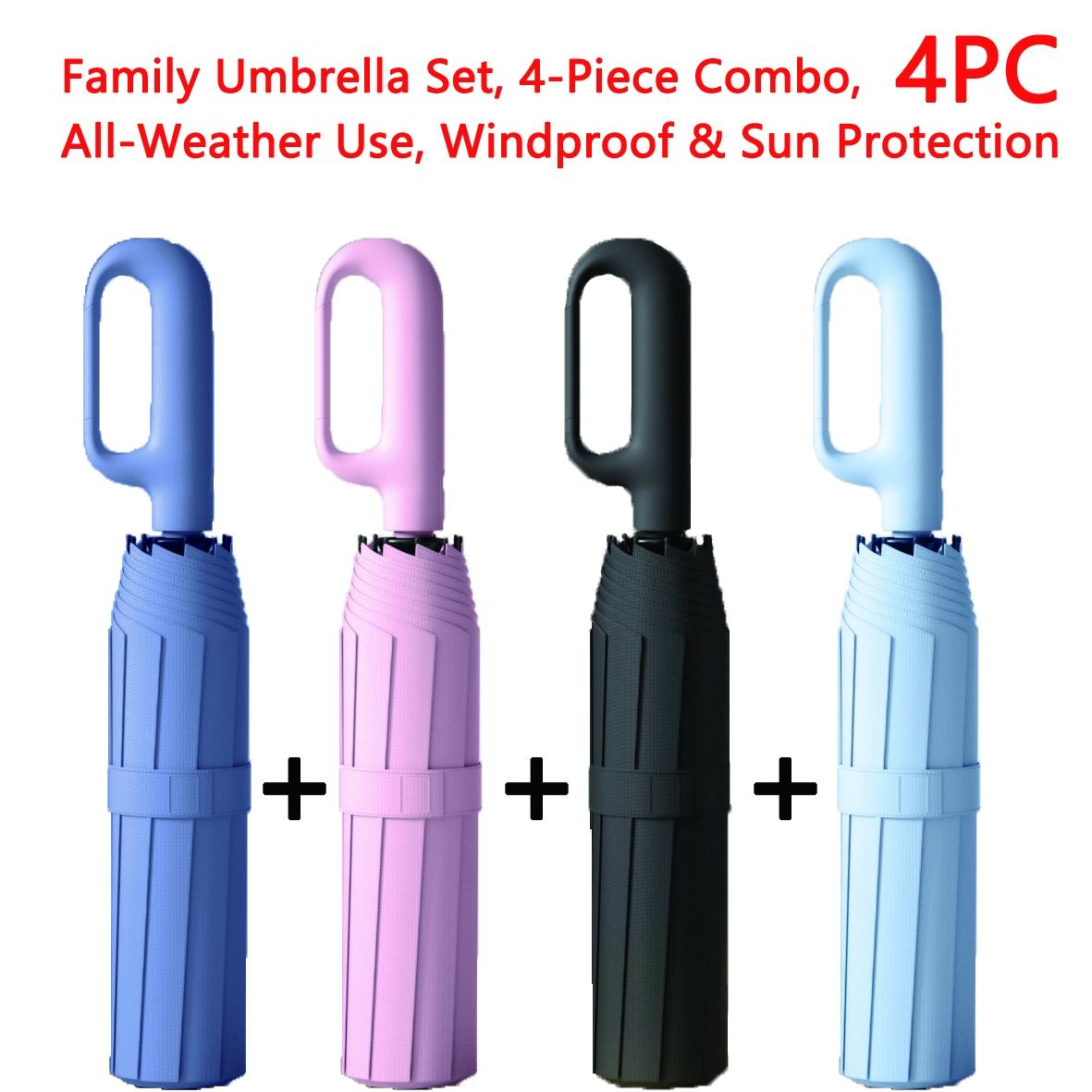 Creative Ring Handle 10k Dual Bone Rain Umbrella Set, Windproof Waterproof, Portable Design, Automatic Opening, Four-Piece Combination, Folding Umbrella, Rainproof Umbrella