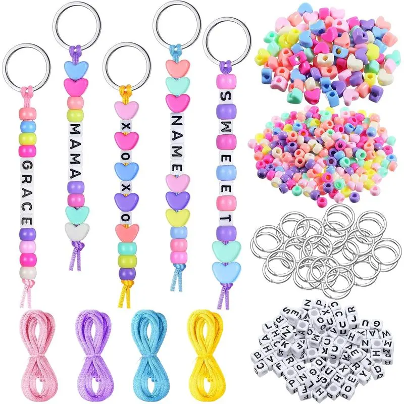 564 PCS DIY Bead Keychain Kit, Alphabet Letter Beads & Heart Charms Making Set, Colorful Craft Supplies for Kids, Friendship Gifts, Back to School Party Favors