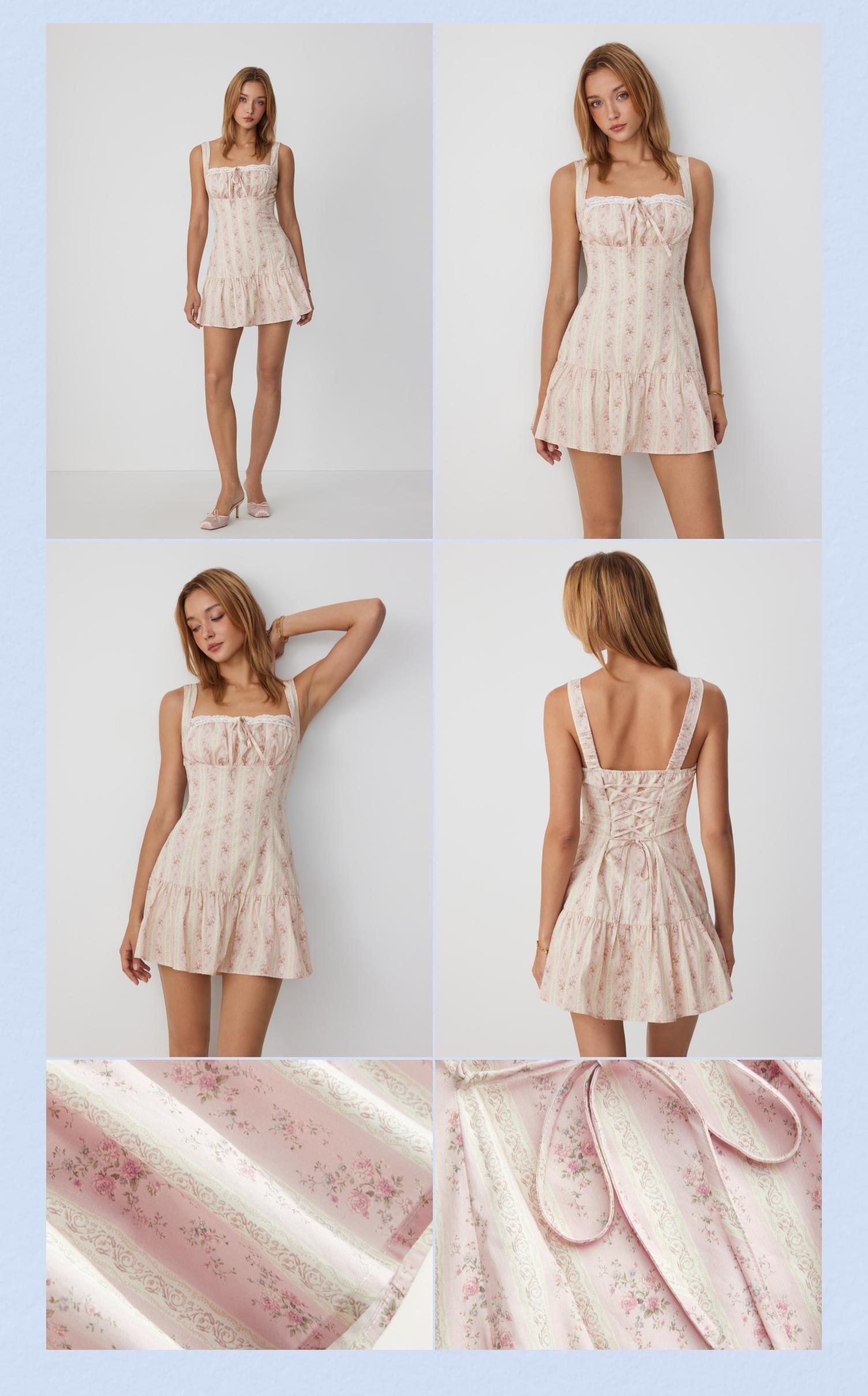 Cider Cotton Floral Square Neck Lace Up Ruffle Hem A-line Mini Dress SohoChic