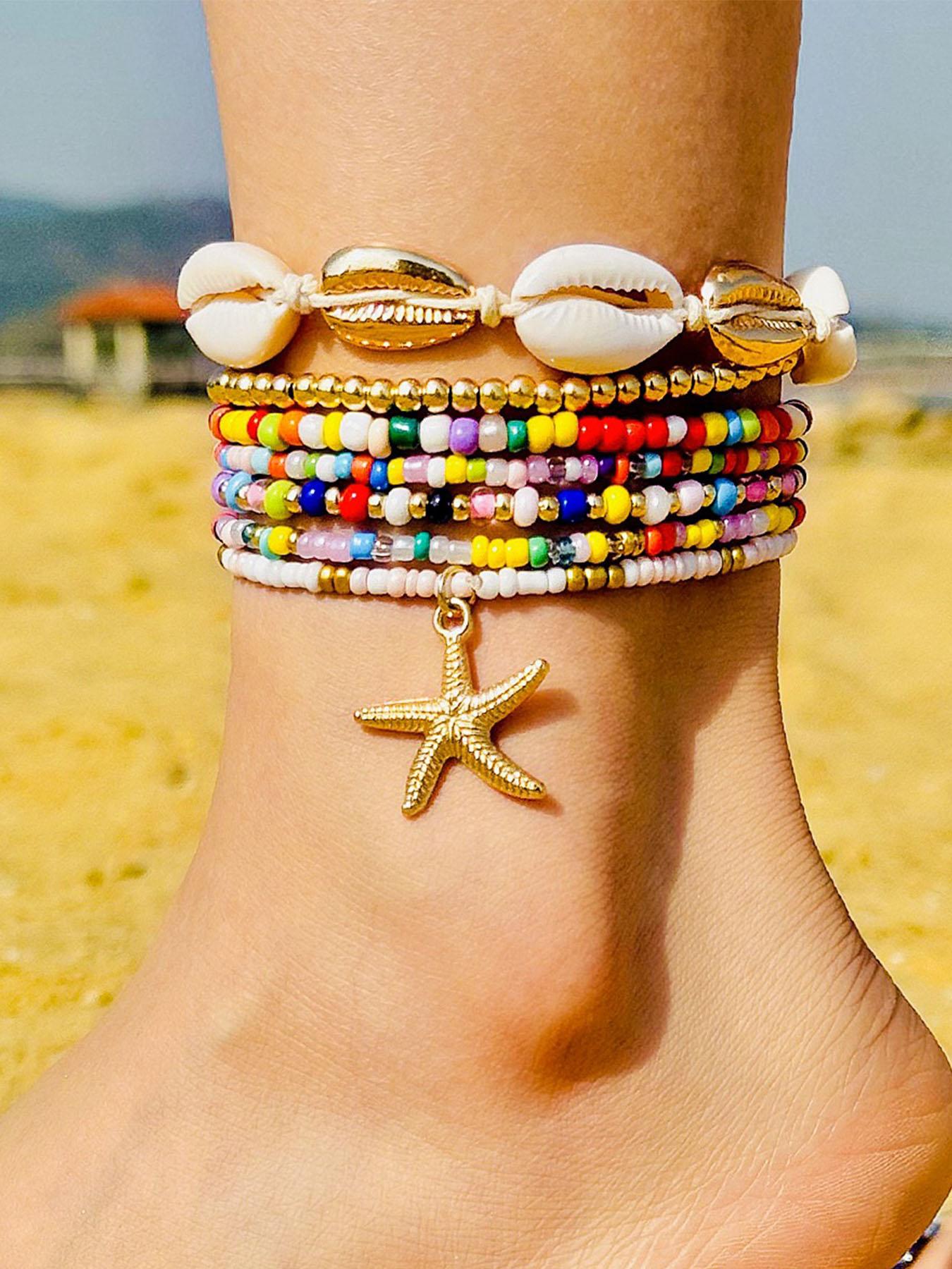 6 Pcs Boho Ocean Style Beaded Imitation Pearl Ccb Metal Star Shell Ankle Bracelet Set, Elastic Fit for Most Ankles, Women's Daily & Festival Wear