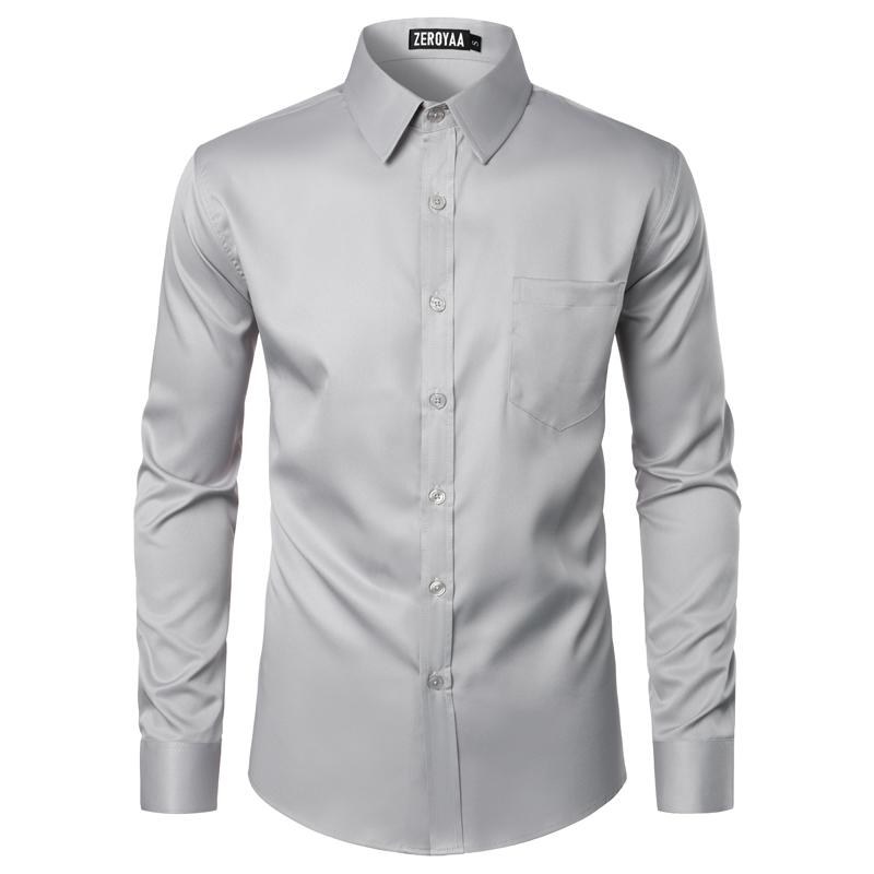 ZEROYAA Men's Beige Polyester Long Sleeve Button-Up Dress Shirt with Left Chest Pocket Urban Casual Business Slim Fit Tops