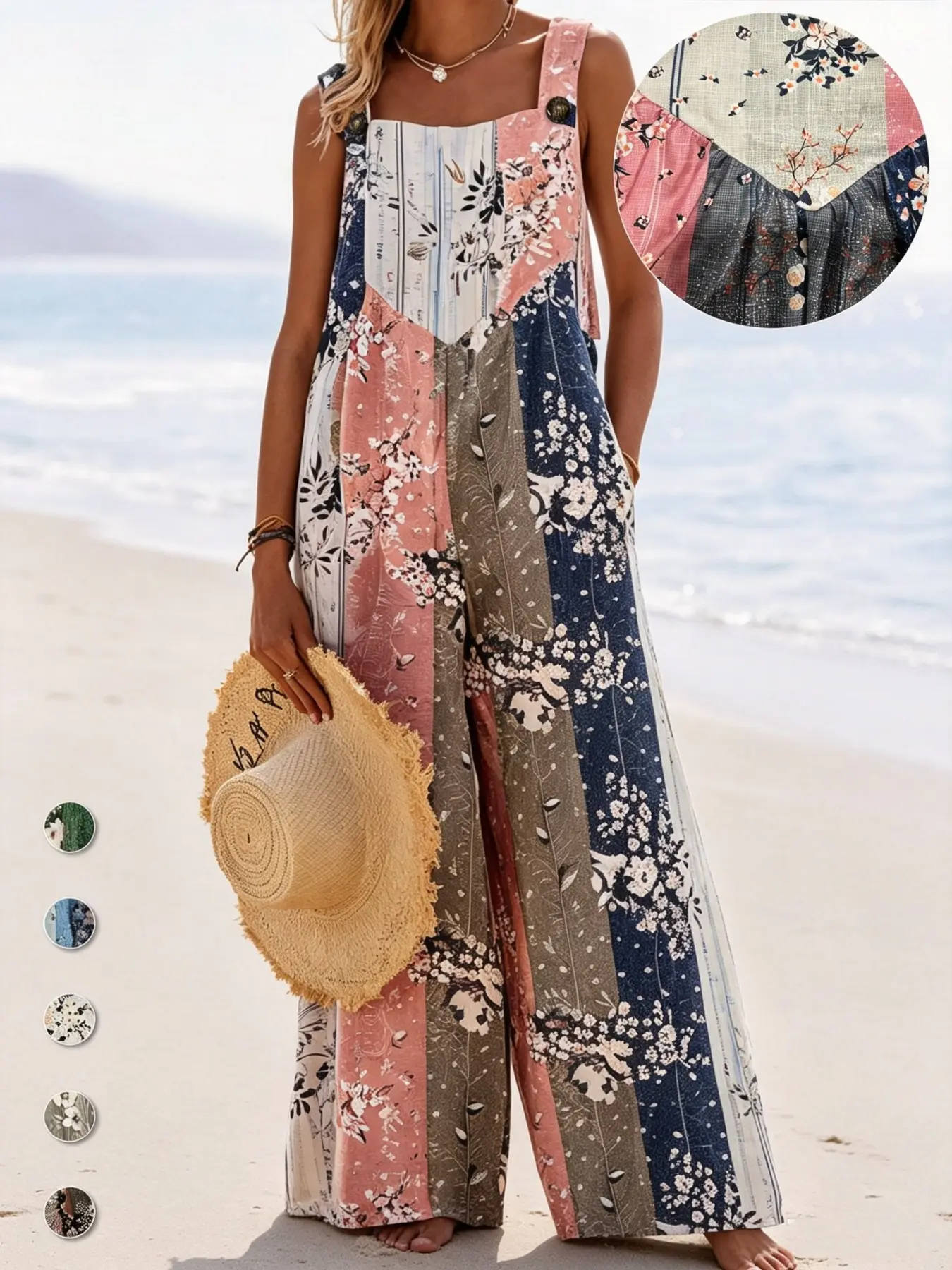 Plus Size Fit All Over Print Floral Button Design Overall, Bohemian Casual Sleeveless Wide Leg Jumpsuit for Beach Vacation, Womenswear for Summer
