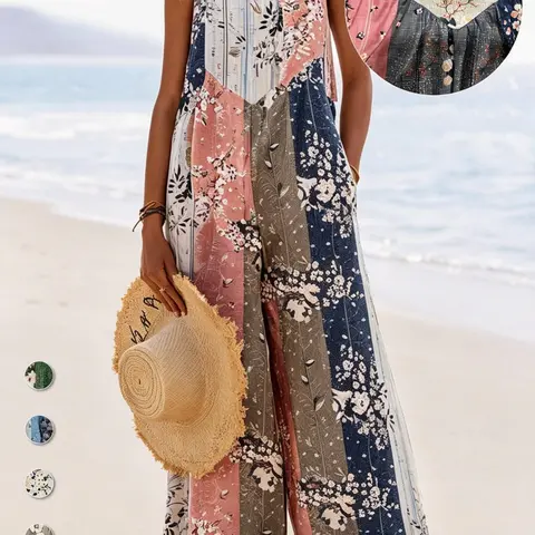Plus Size All Over Print Floral Button Design Overall, Bohemian Casual Sleeveless Wide Leg Jumpsuit, Floral Print Jumpsuits for Beach Vacation, Womenswear for Summer
