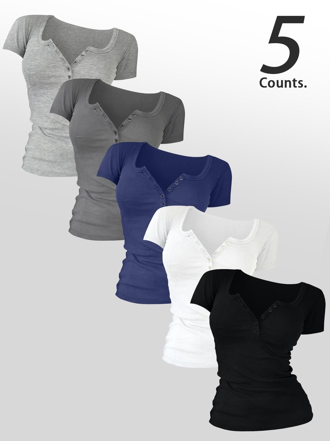 Women's Solid Color Button Decor Tee, Casual Short Sleeve Round Neck Basic T-shirt for Summer, Ladies Clothes for Daily Wear, Top