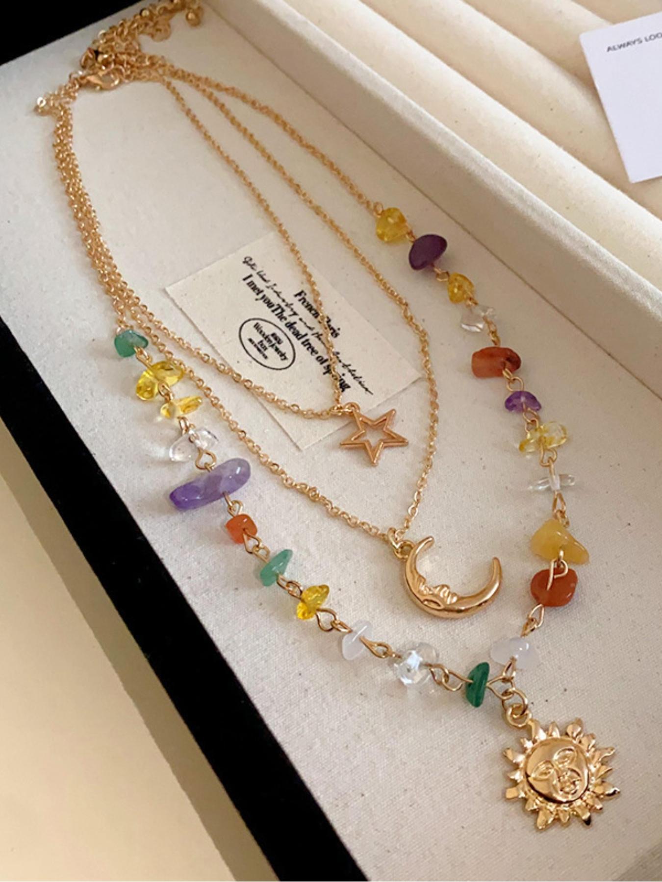 Boho 3 Layered Sun Moon Star Necklace for Women, 7 Chakra Healing Crystal Beaded Pendant Necklace, Bohemian Gold Layered Necklace, Summer Beach Jewelry Gift for Her