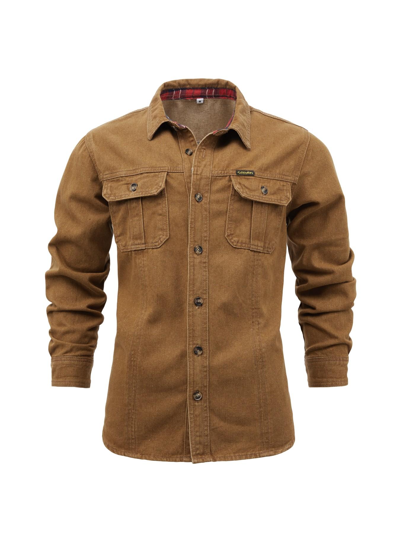 Men's Vintage Fleece Lined Workwear Shirt Jacket, Heavyweight Washed Cotton, Dual Chest Pockets, Copper Buttons, Fall Winter Warm Coat