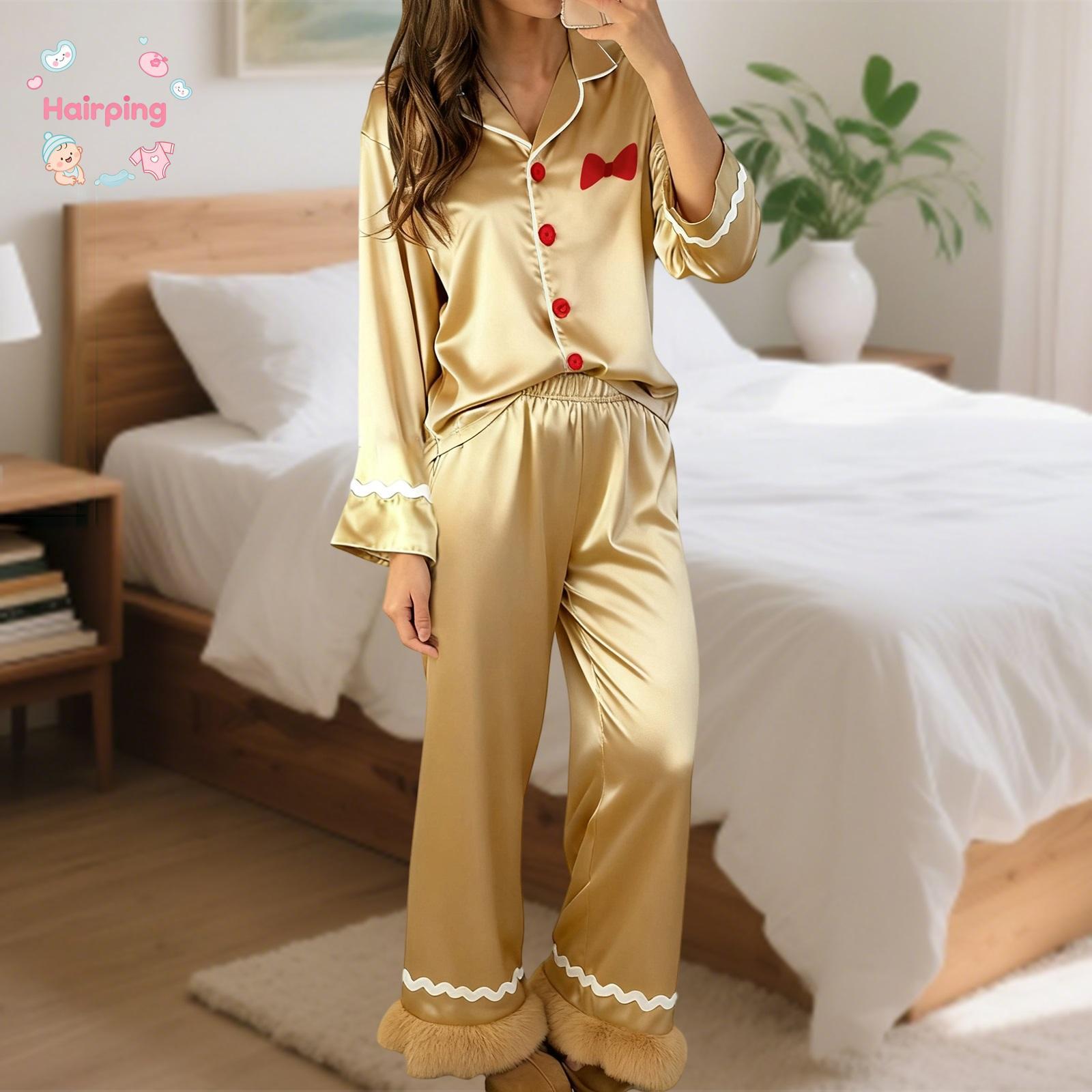 Mommy and Me Matching 2-Piece Satin Pajama Set, Polyester Clothes with Long Sleeves, Button-Down Lapel Tops & Pants, Gingerbread Man Christmas Family Gift Set for Baby & Maternity, Matching Set