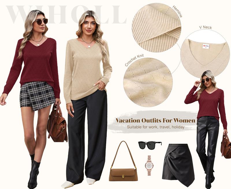 WIHOLL 2025 Women's V-Neck Knitwear - Crochet Knitting Details, Flattering Silhouette, Breathable Womenswear Top for Office & Casual
