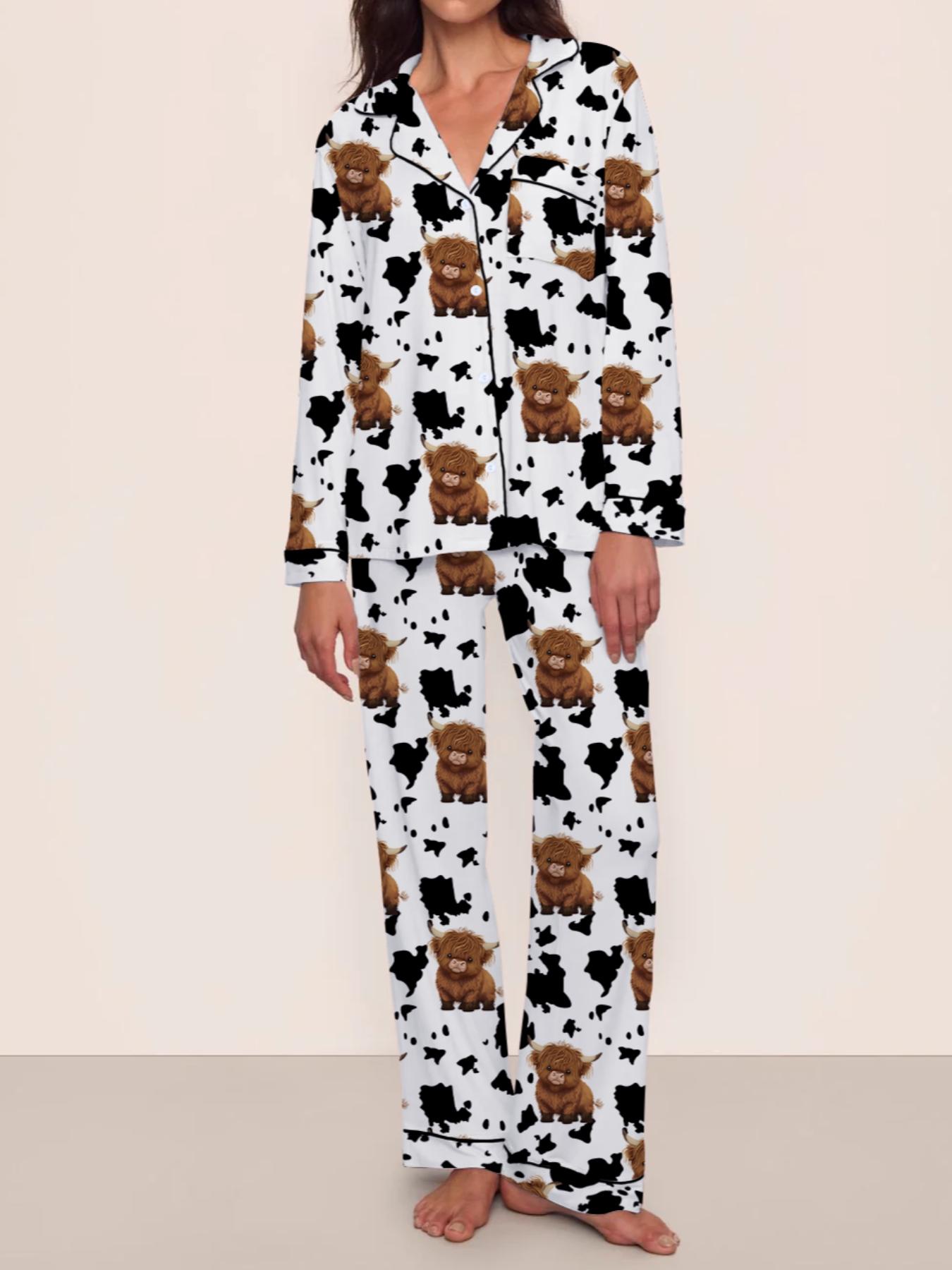【Highland cattle】Women's Cartoon Cow Print Pajama Set, Long Sleeve & Pants, Elastic Waistband, Comfortable Home Wear, Fall Winter