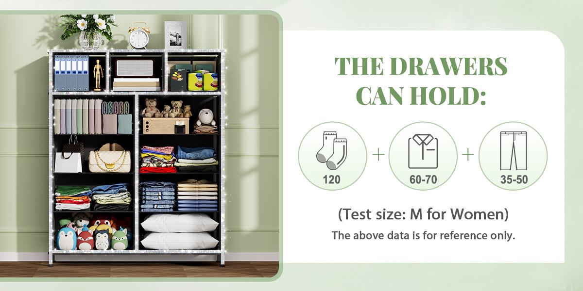 Mr IRONSTONE Tall Dresser with 11 Drawers, White Dresser for Bedroom Drawer Organizer Storage Drawers, Fabric Storage Tower with 9 Drawers, Chest of Drawers with Steel Frame, Wood Top for Nursery, Living Room, Closet, Deals for You Days