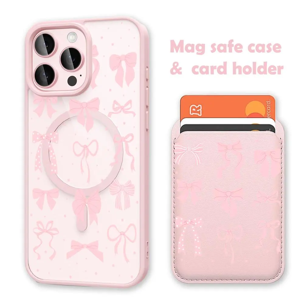 Pink Aesthetic Bow Clear MagSafe-Compatible Smartphone Casing, Magnetic Shockproof Cellphone Cover with Card Holder Wallet, Handheld Phone Accessories for iPhone 17/16 Pro Max, Samsung S25 Black Wireless Safety Design
