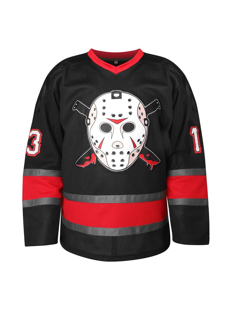 Ice Hockey Jersey Black & Red Color, Front Skull Design Back Number 13 Men & Women Same Style Fan Wear