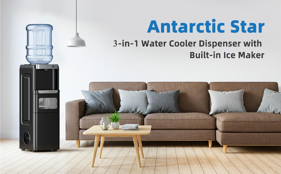 Antarctic Star 3-in-1 Hot and Cold Water Cooler Chiller System Dispenser with Built-in Ice Maker, for 3 to 5 Gallon Bottle Water Dispenser，with Child Safety Lock，Black