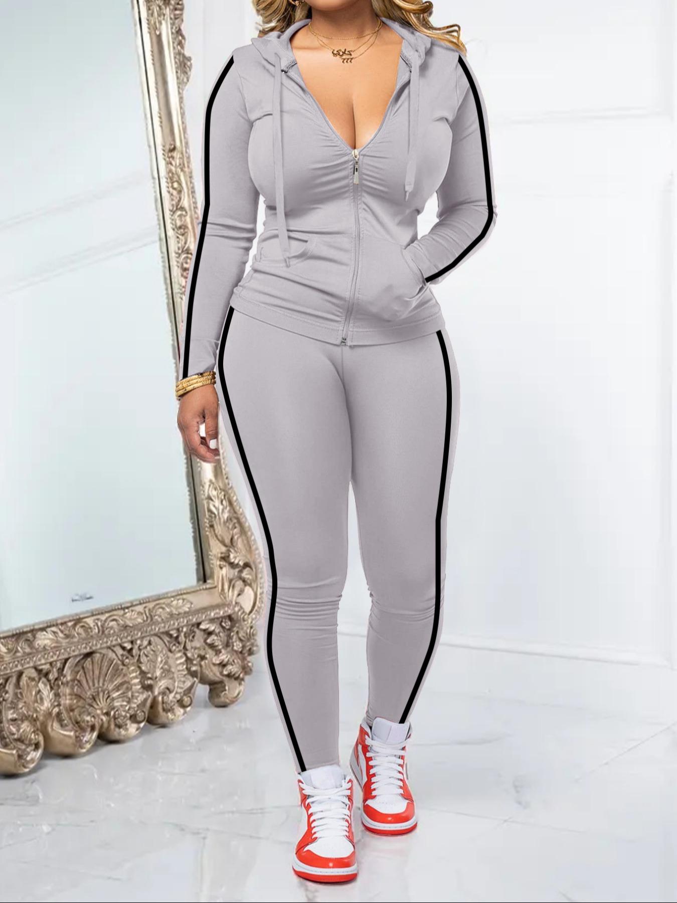 Women's Fall Zipper Hoodie and Skinny Pants Outfit Set, Casual Long Sleeve Pullover with Pocket Design, Two-Piece for Daily Wear