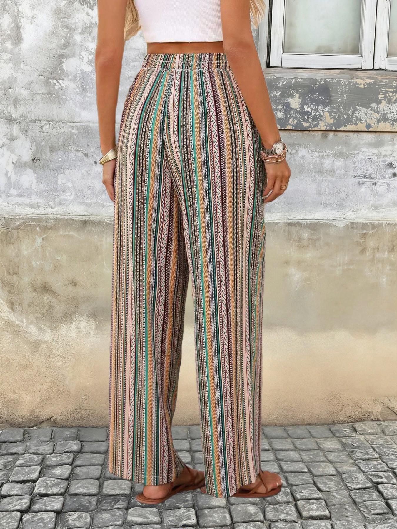 Women's Bohemian Striped Wide Leg Pants, Elegant High Waist Elastic Waistband, Casual Loose Fit, Perfect for Beach and Daily Wear