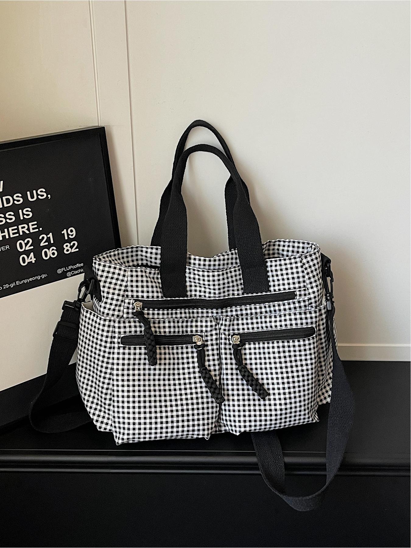 Large capacity plaid multi pocket tote bag, retro street style drawstring design, single shoulder bag, workwear style crossbody bag, adjustable shoulder strap, daily leisure, work, commuting, armpit bag