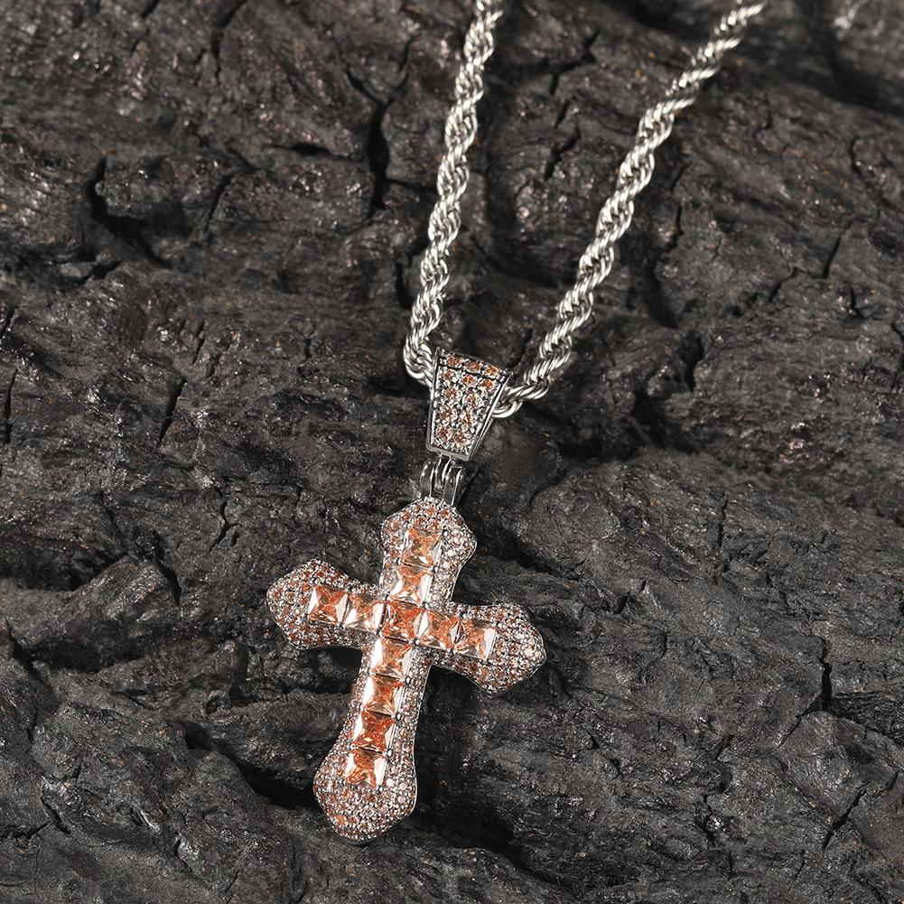Hip-hop new blue zirconium cross necklace for men, fashionable and versatile heavy-punk sweater chain accessory