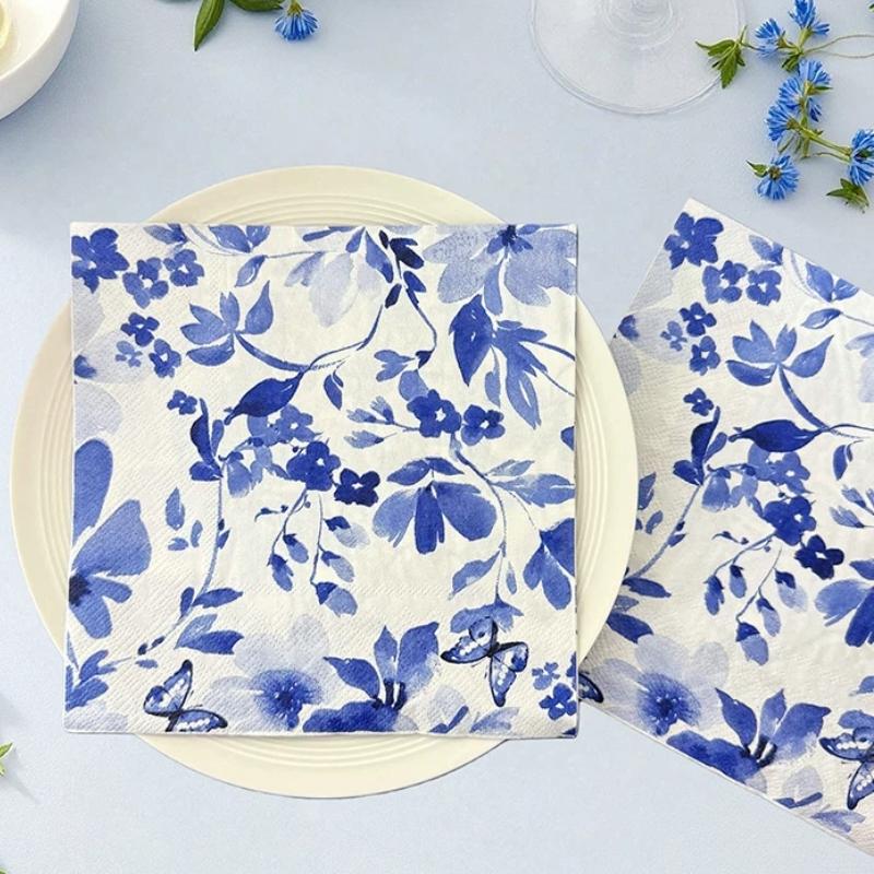 Blue Floral Bird Pattern Napkins, 2 Packs (20 Sheets/pack), Traditional Style Disposable Napkins for Wedding Party Decorations