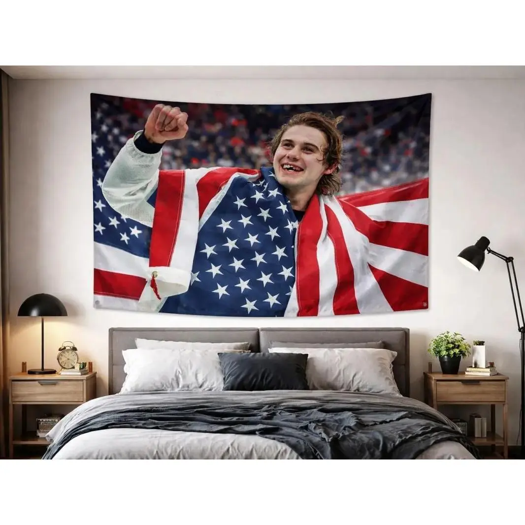 Jack Hughes USA 3x5FT Artistic Tapestry Wall Decor - Patriotic American Flag Hockey Sports Banner, Men's Room Living Room Decor, American-Style Bedroom Home Accessory Supplies