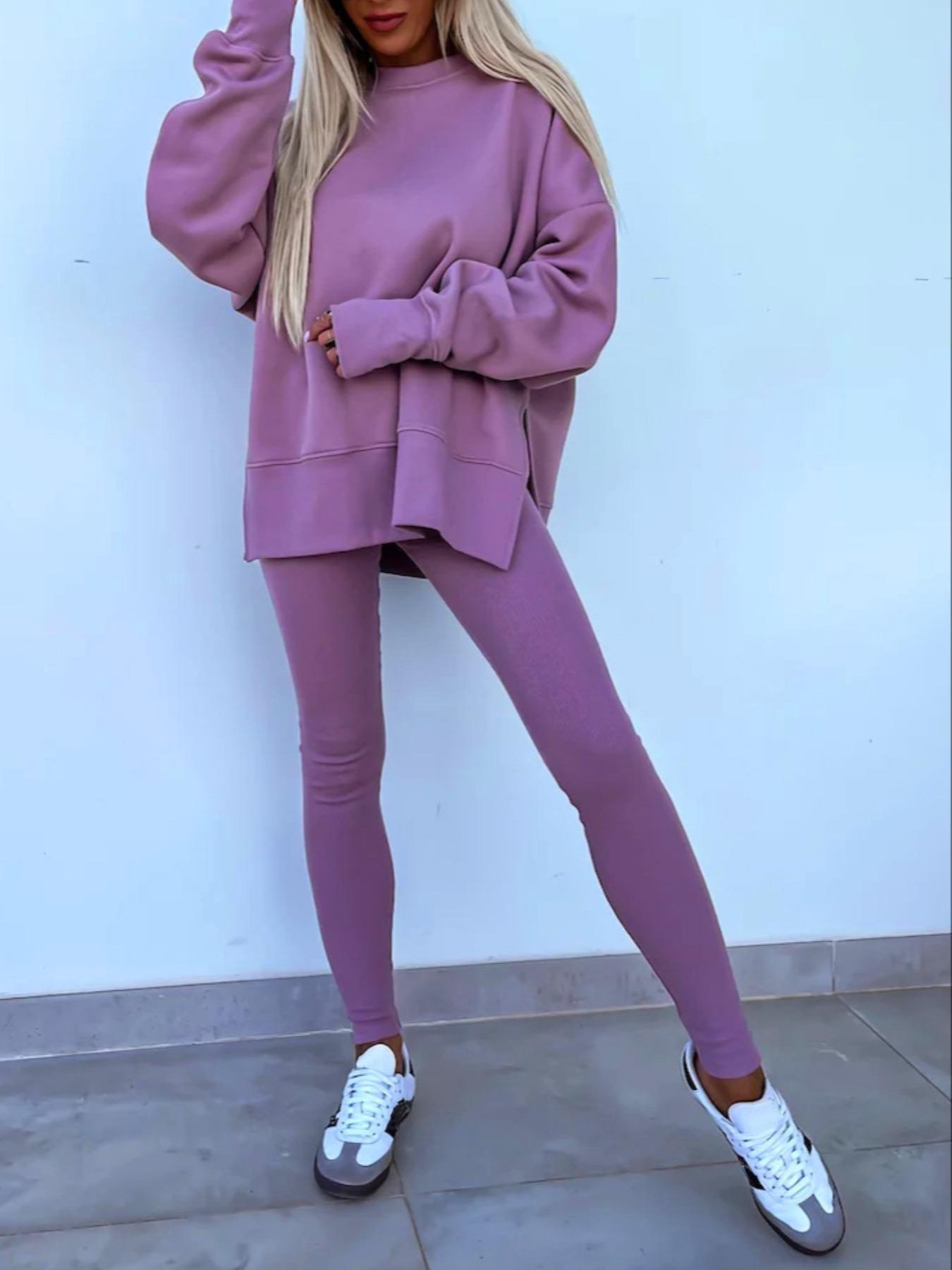 Women's Plain Drop Shoulder Baggy Sweatshirt Outfit Set, Everyday Casual Fashion Comfortable Long Sleeve Pullover, Elastic Waist Pants, Spring & Fall Women's Plain Drop Shoulder Baggy Sweatshirt Outfit Set, Everyday Casual Fashion Comfortable Long Sleeve Pullover, Elastic Waist Pants, Spring & Fall