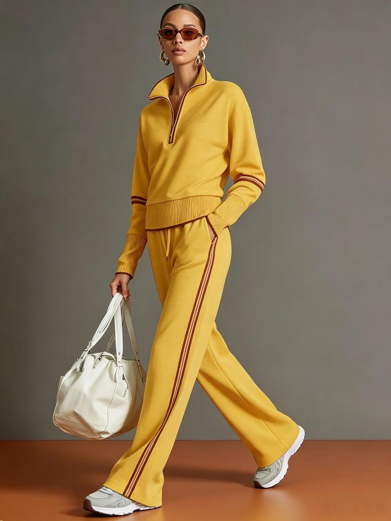 2026 New Casual Sports Set, European and American Fashion Style, Colorblock Stand Collar Sweatshirt, Wide Leg Pants Two Piece Set