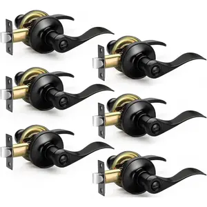 6 Pack Matte Black Door Handles Privacy Door Levers, Heavy Duty Wave Style Bed/Bath Door Locks Interior Door Knobs, Reversible Levers  Right/Left Handed Doors