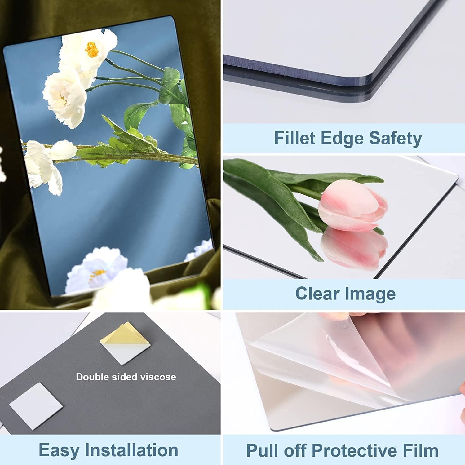 4 Pack Self Adhesive  Mirror, 12X 12 Inch Mirror Tiles,Flexible Plastic Mirrors Sheets Wall Stickers,2MM Thick Mirrors,Frameless Small Mirror