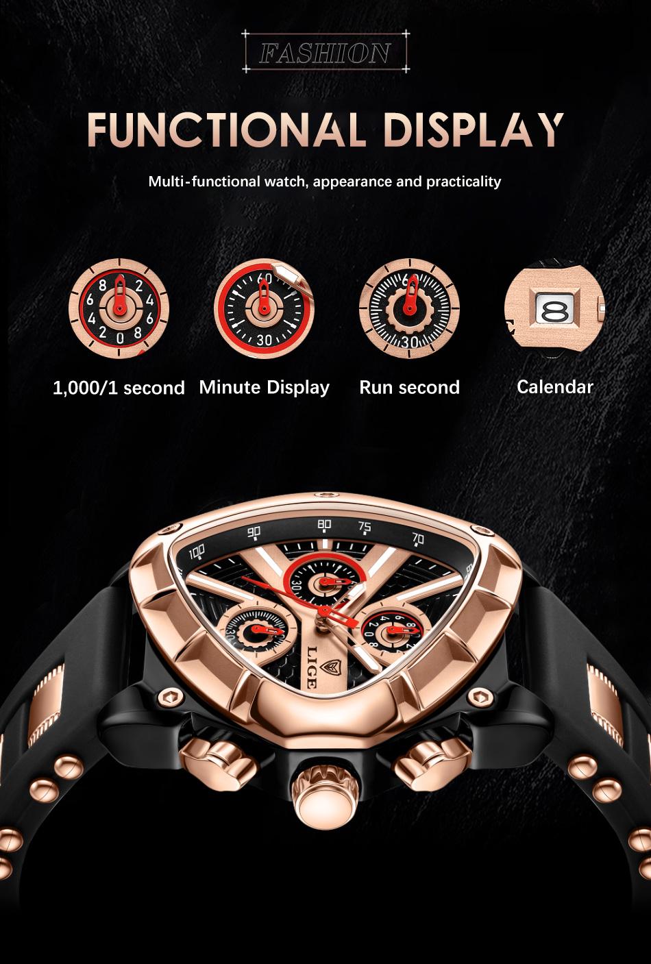 Lige Unique-Shaped Men's Quartz Watch, 48mm Large Dial, Chronograph Function, Date Display, Waterproof, Luminous at Night Silicone Band