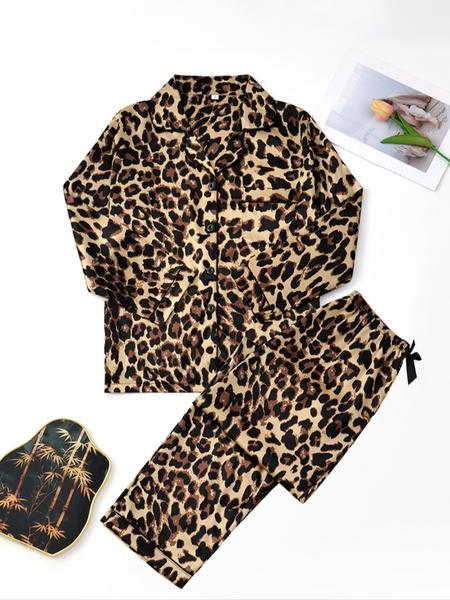 Women's Leopard Print Satin Pajama Set, Long Sleeve Button Front Top & Pants, Fall Winter Sleepwear, Comfortable Home Wear